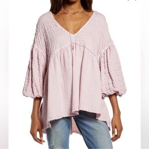 Free People Light Pink Gauze V-Neck Balloon Sleeve Tunic